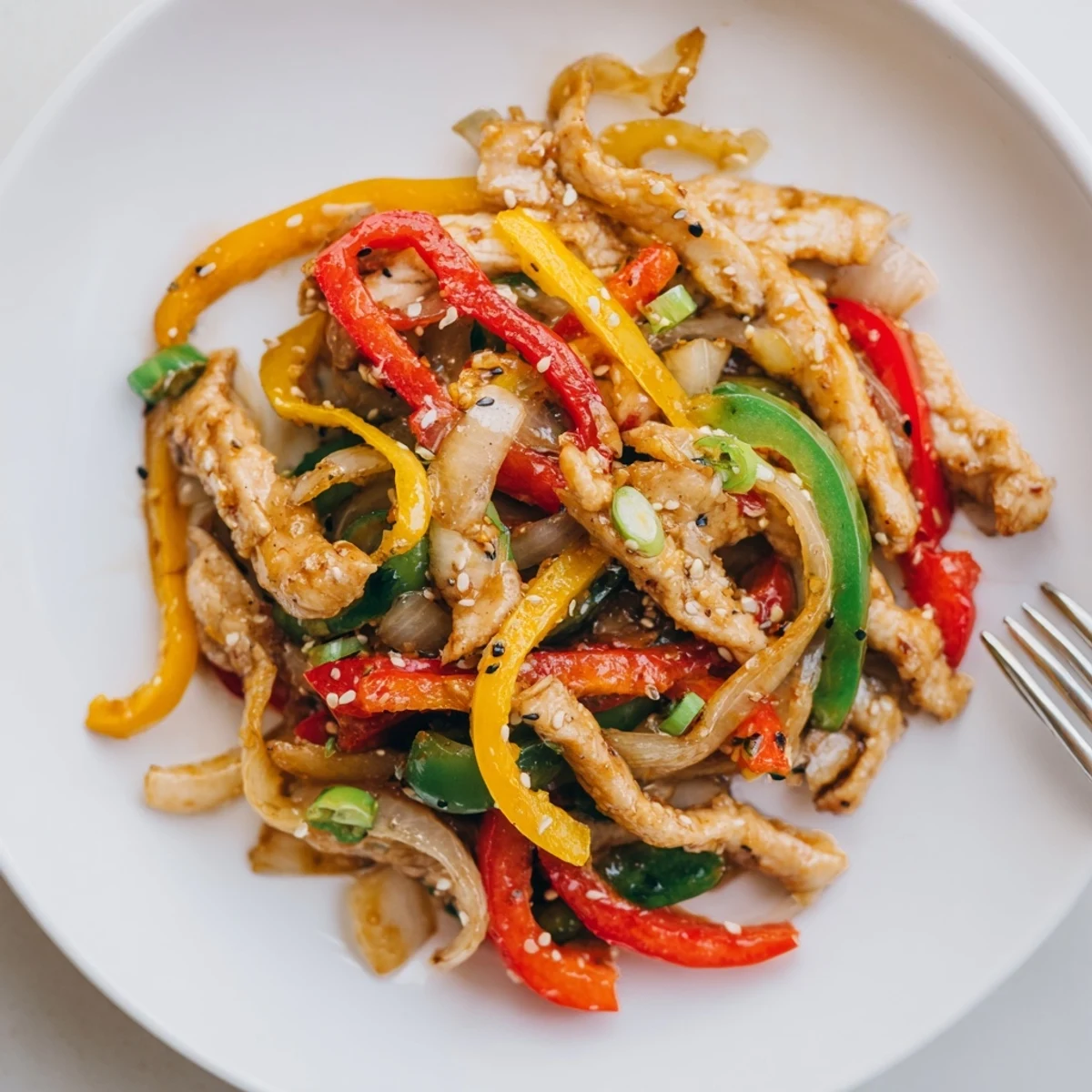 Quick Pepper Chicken Stir Fry sizzling in wok with glossy sesame soy sauce