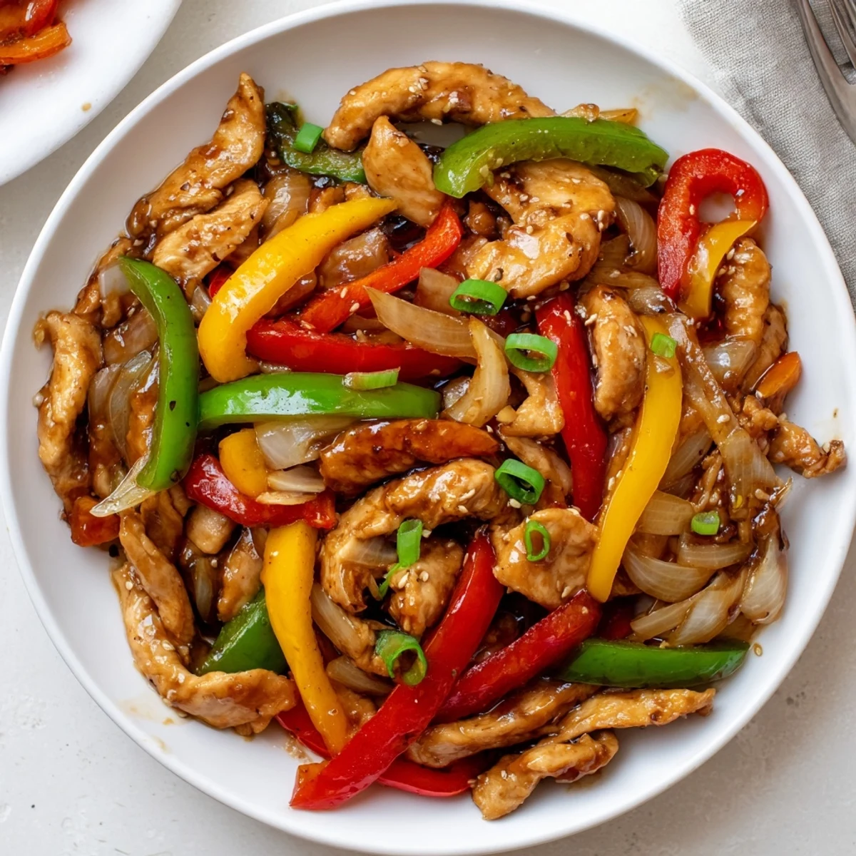 Quick Pepper Chicken Stir Fry served over steaming jasmine rice, garnished with sliced scallions