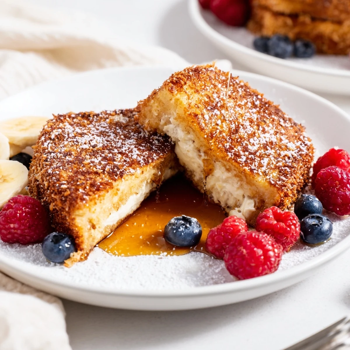 Coconut Crusted French Toast with golden crispy crust, drizzled maple syrup.