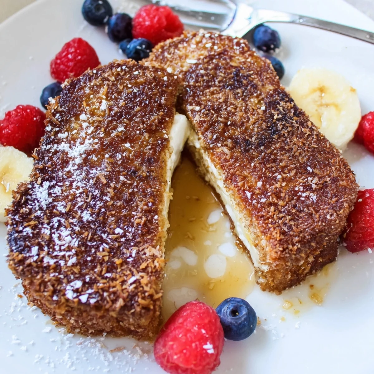 Skillet-seared Coconut Crusted French Toast showing crunchy coconut, soft custardy center.