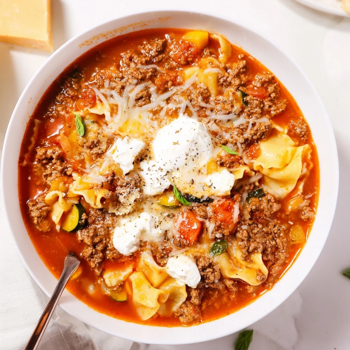 One Pot Lasagna Soup steaming in bowl, bubbly cheese and fresh basil.