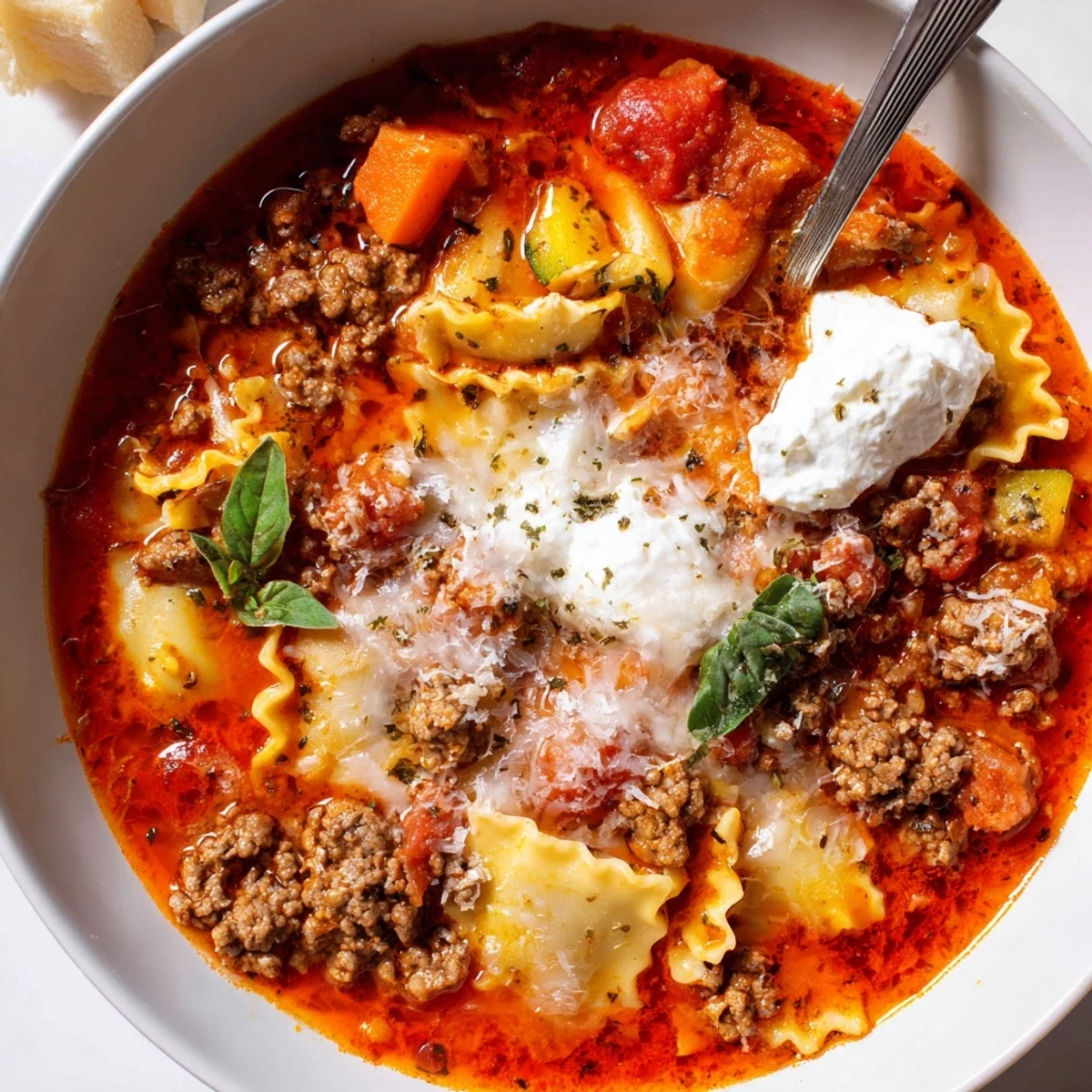 In a Dutch oven, One Pot Lasagna Soup simmers with fragrant herbs.