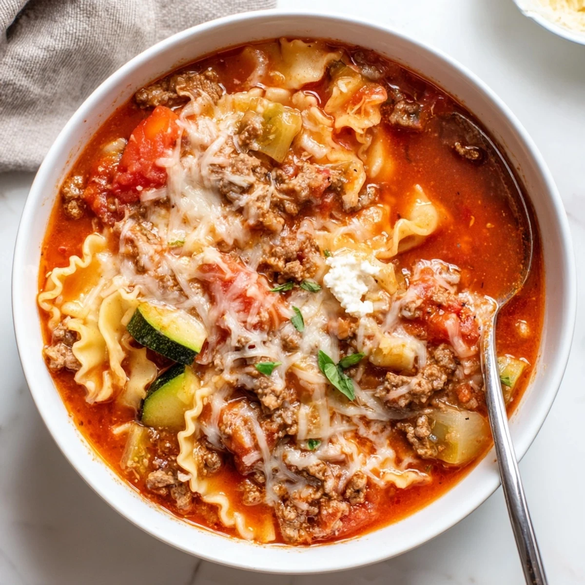 Warm One Pot Lasagna Soup, dolloped ricotta, melted mozzarella, served with bread.