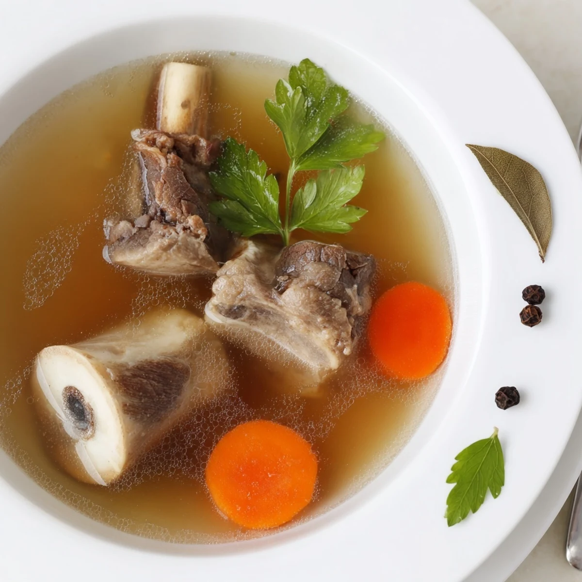 Steaming mug of Beef Bone Broth with golden sheen, savory marrow aroma  
