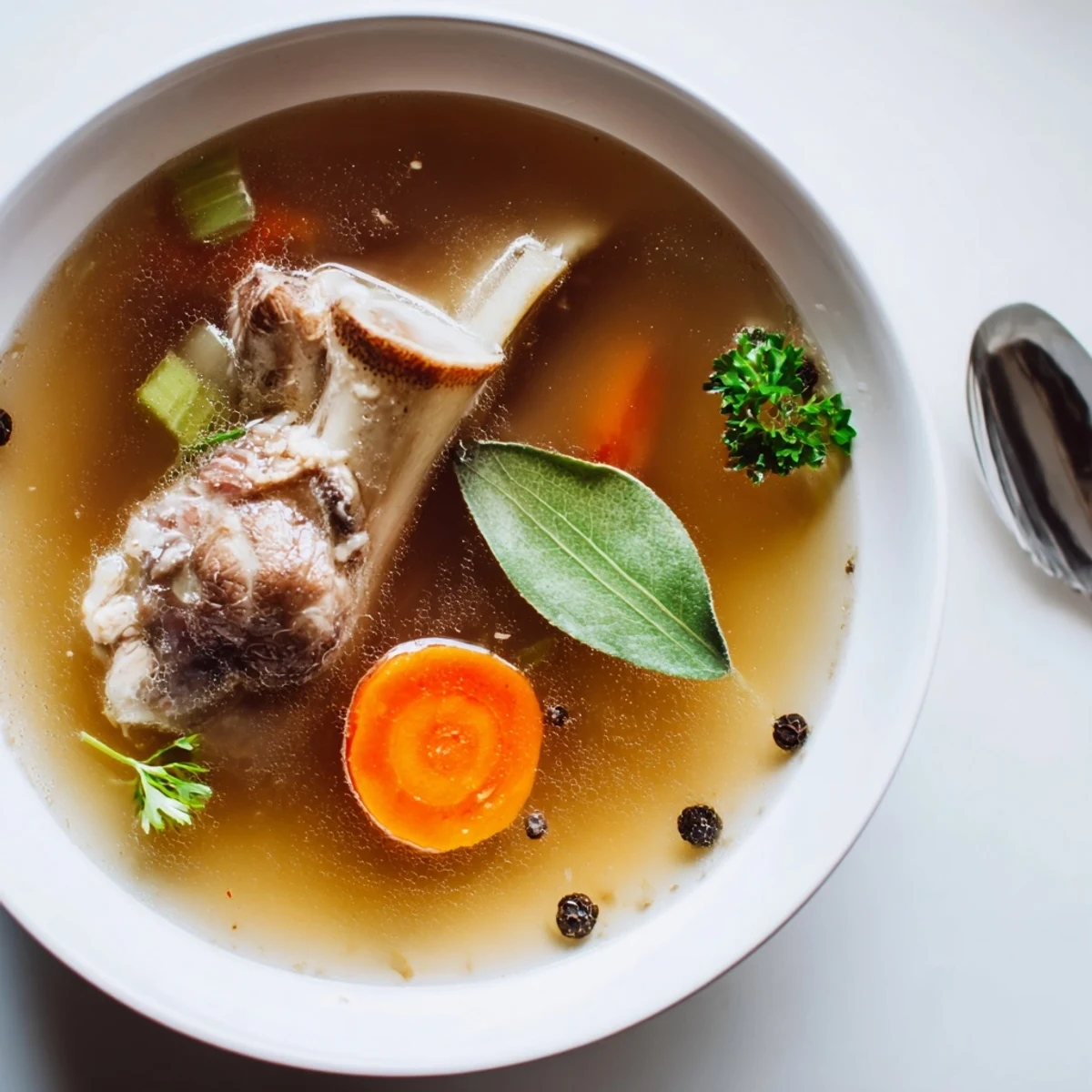Homemade Beef Bone Broth simmering in stockpot, rich gelatinous texture visible  