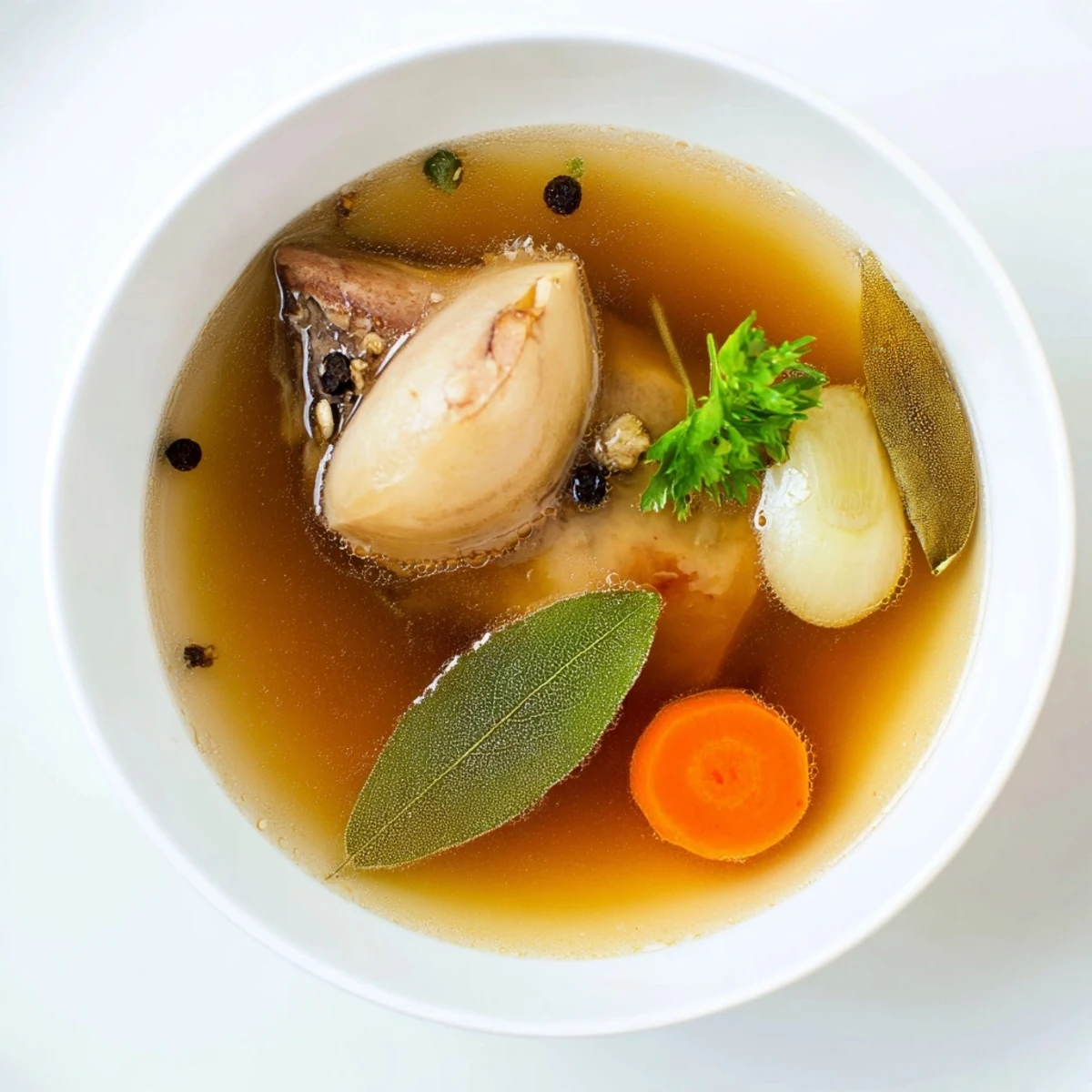 Warm Beef Bone Broth ladled into bowl, aromatic herbs and silky mouthfeel