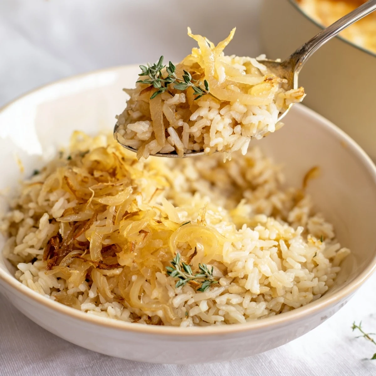 French Onion Soup Rice bubbling with melted Gruyère, caramelized onions, golden croutons