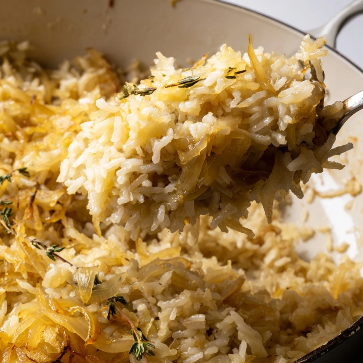 Hearty French Onion Soup Rice in casserole, fragrant thyme and savory broth