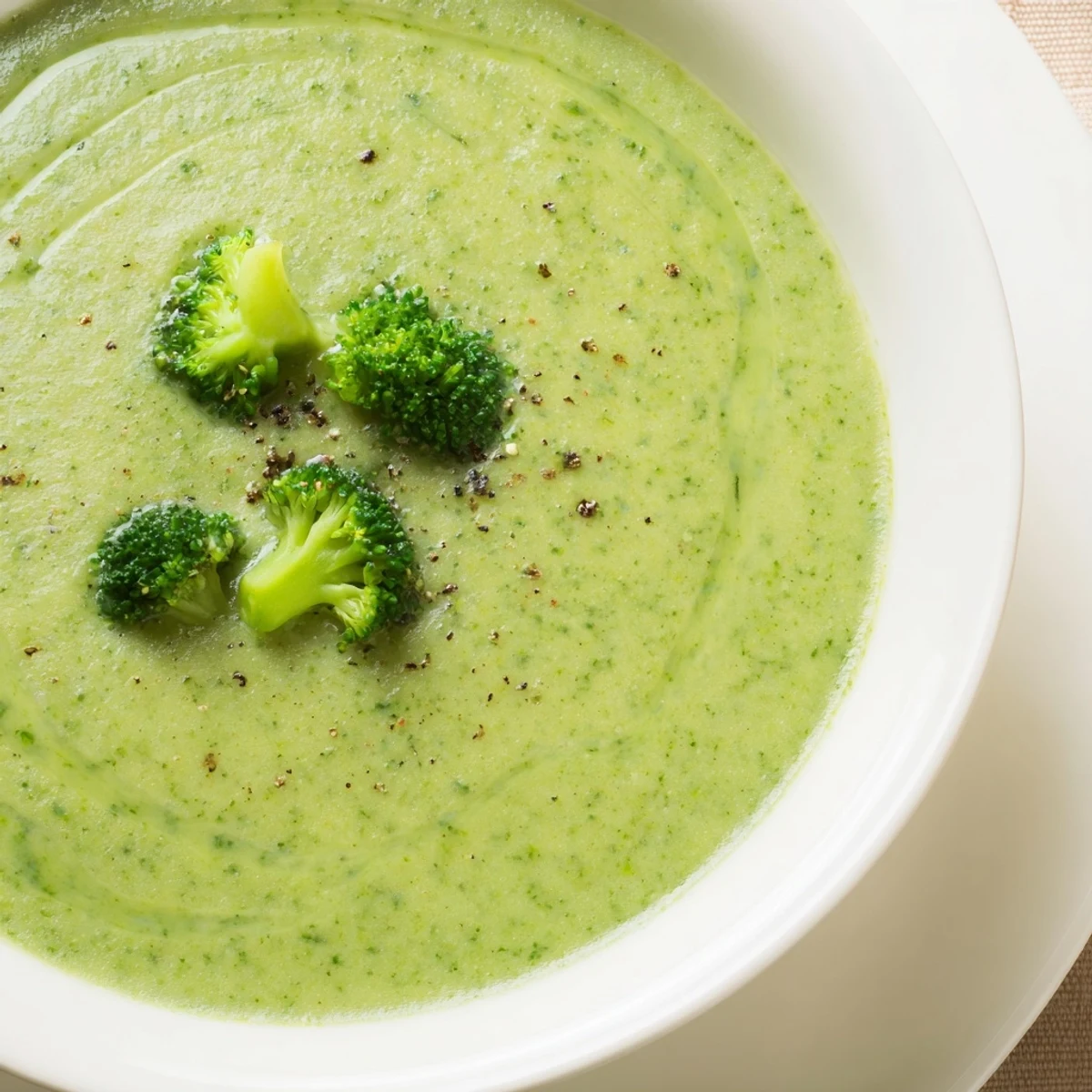 Velvety Broccoli Soup steaming in a bowl, cream swirl and crusty bread