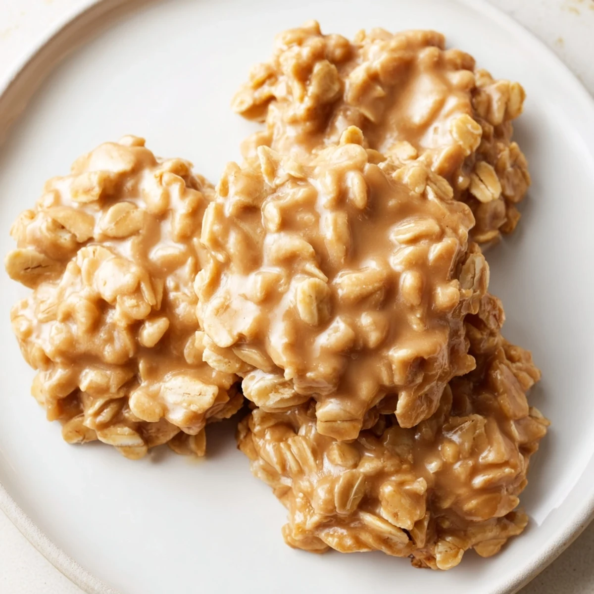 Peanut Butter No Bake Cookies cooling on parchment, glossy peanut centers, soft  