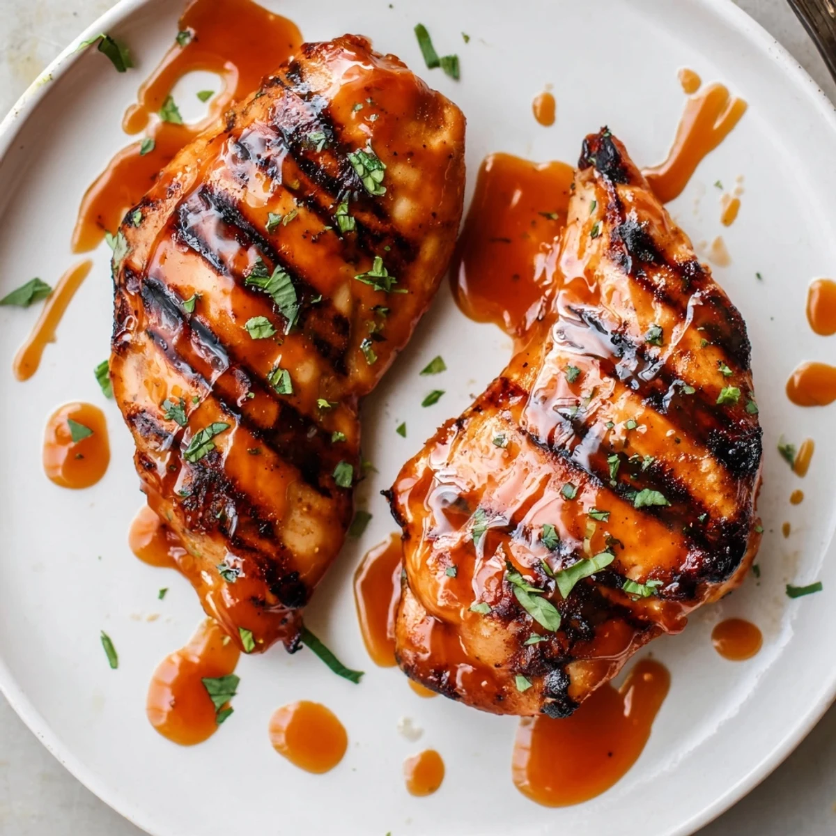 Grilled Honey Buffalo Chicken Thighs glistening with sticky sauce, garnished with parsley