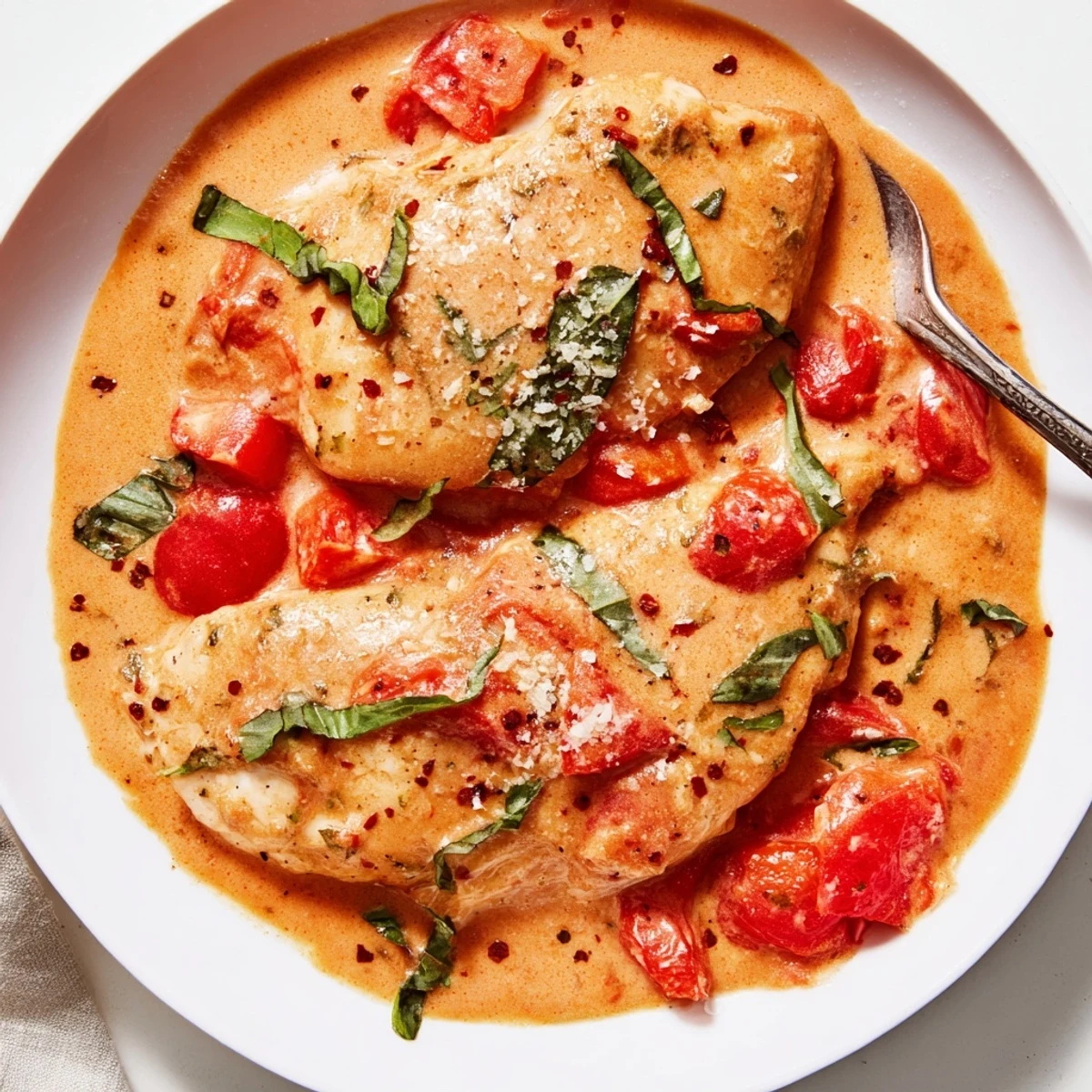 Slow Cooker Tomato Basil Chicken Breasts simmering in rich tomato sauce, basil garnish