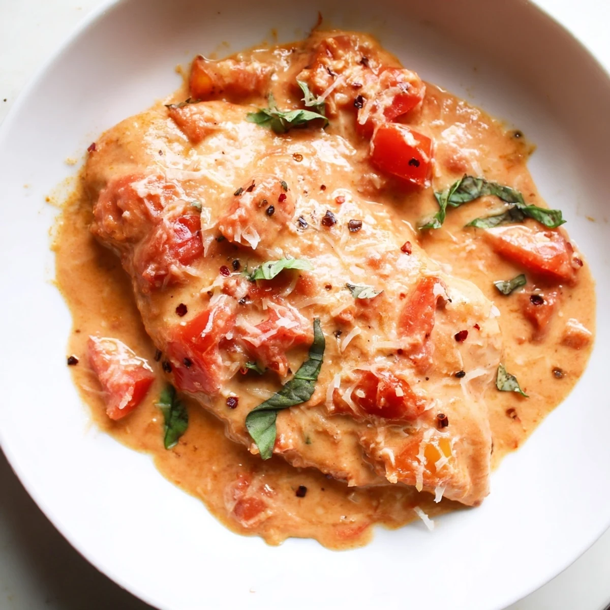 Family-style Slow Cooker Tomato Basil Chicken Breasts with creamy sauce and torn basil