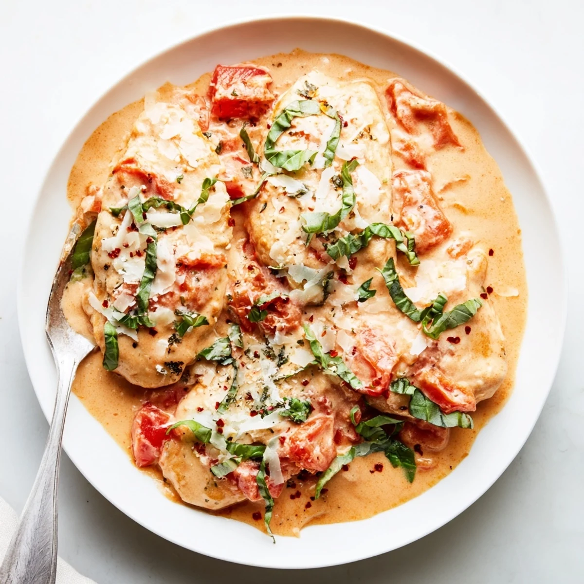 Tender Slow Cooker Tomato Basil Chicken Breasts spooned over fluffy white rice