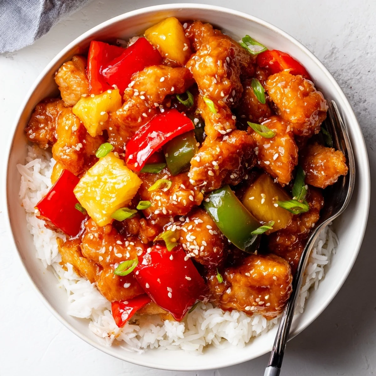 Sweet Hawaiian Crockpot Chicken steaming with pineapple and bell peppers over rice