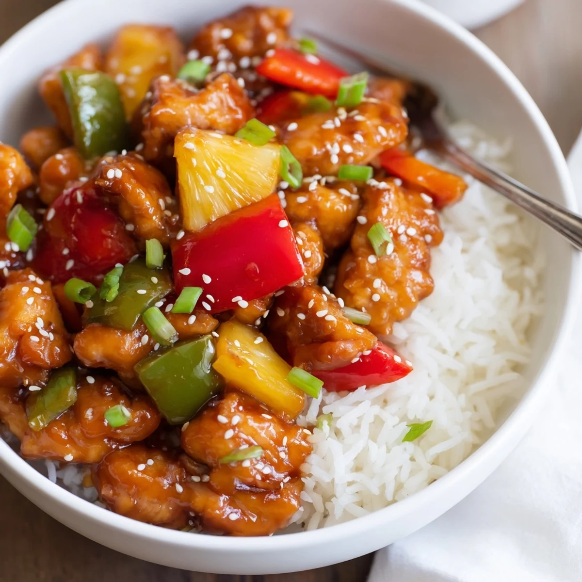 Bowl of Sweet Hawaiian Crockpot Chicken glossy in tangy sauce, garnished with green onions