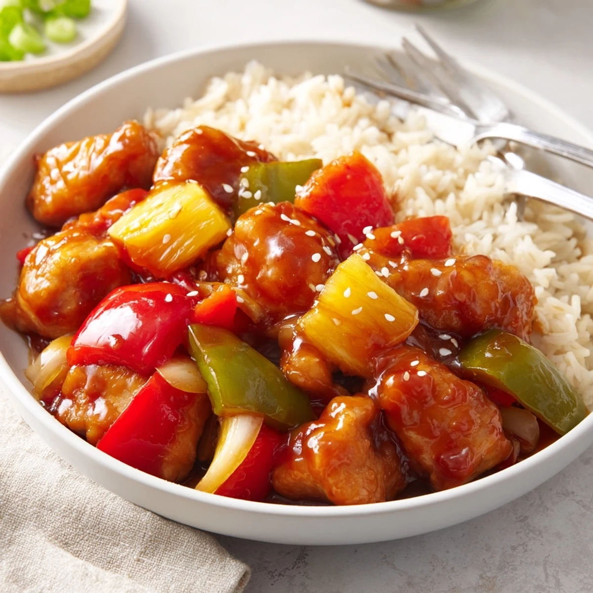 Sweet Hawaiian Crockpot Chicken family style, tender slow cooked with juicy pineapple
