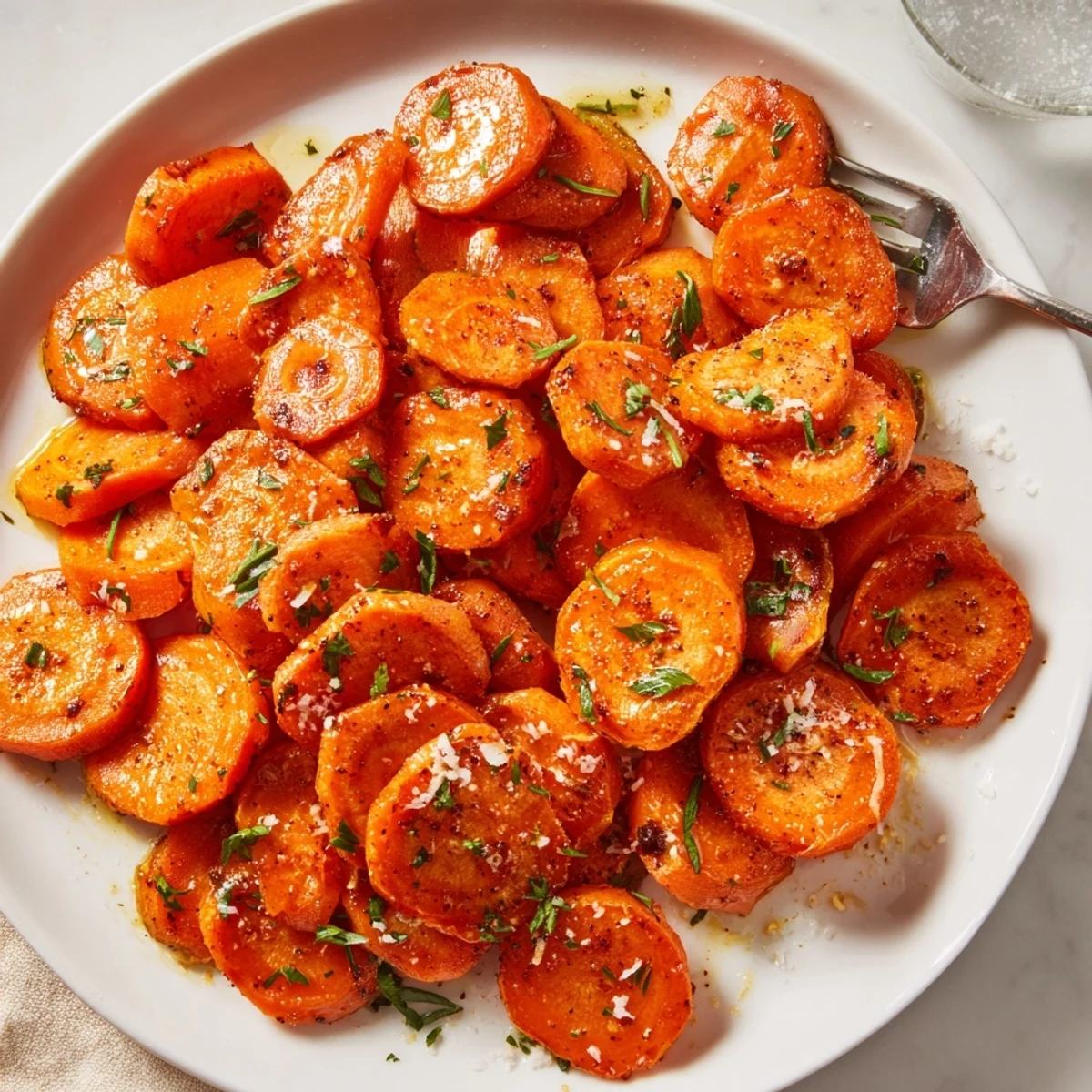 Oven-browned Crispy Smashed Carrots topped with grated Parmesan, squeeze lemon before serving