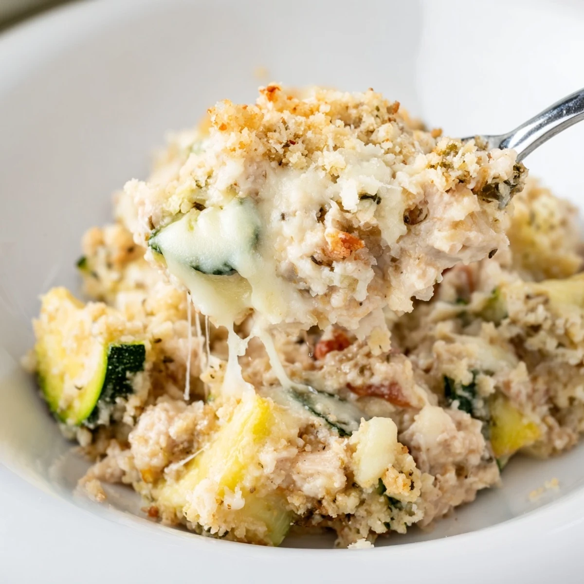 Warm Family Friendly Chicken Zucchini Bake bubbling with golden cheese and breadcrumbs