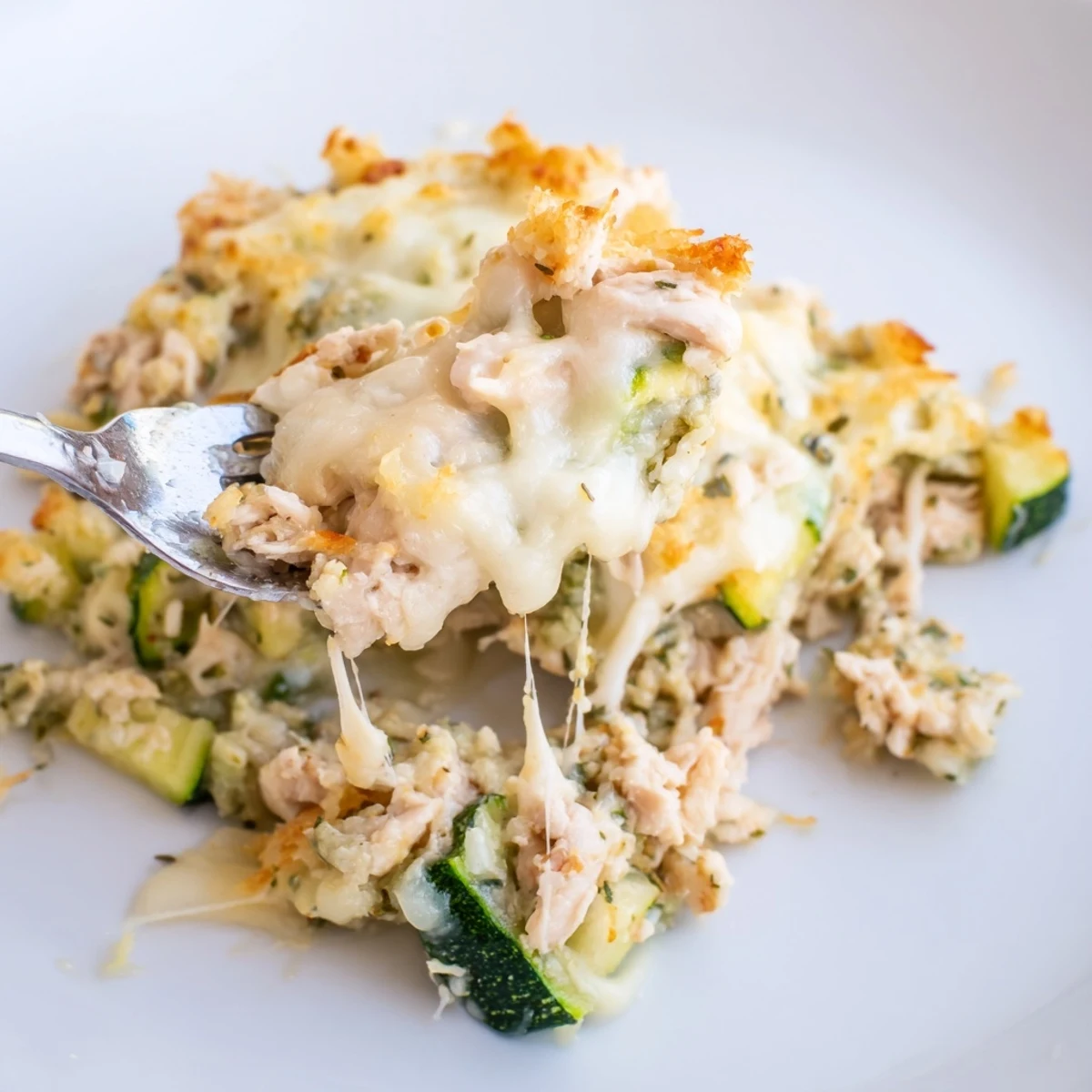 Sliced zucchini and tender chicken in Family Friendly Chicken Zucchini Bake
