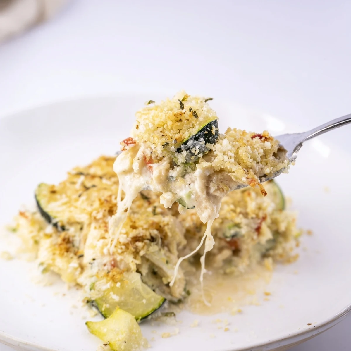 Creamy Family Friendly Chicken Zucchini Bake served steaming with a crisp salad