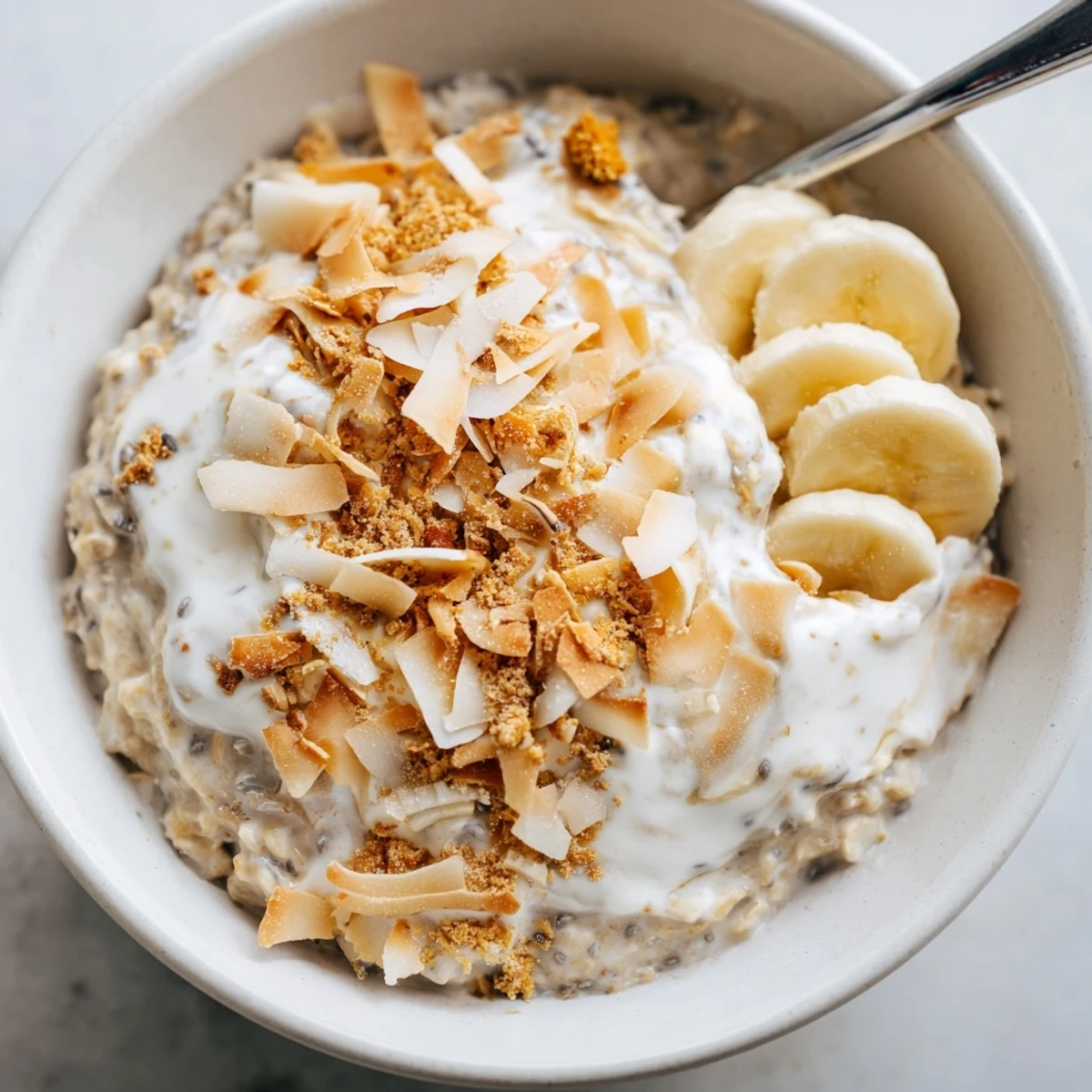 Coconut Cream Pie Overnight Oats topped with toasted coconut and banana slices