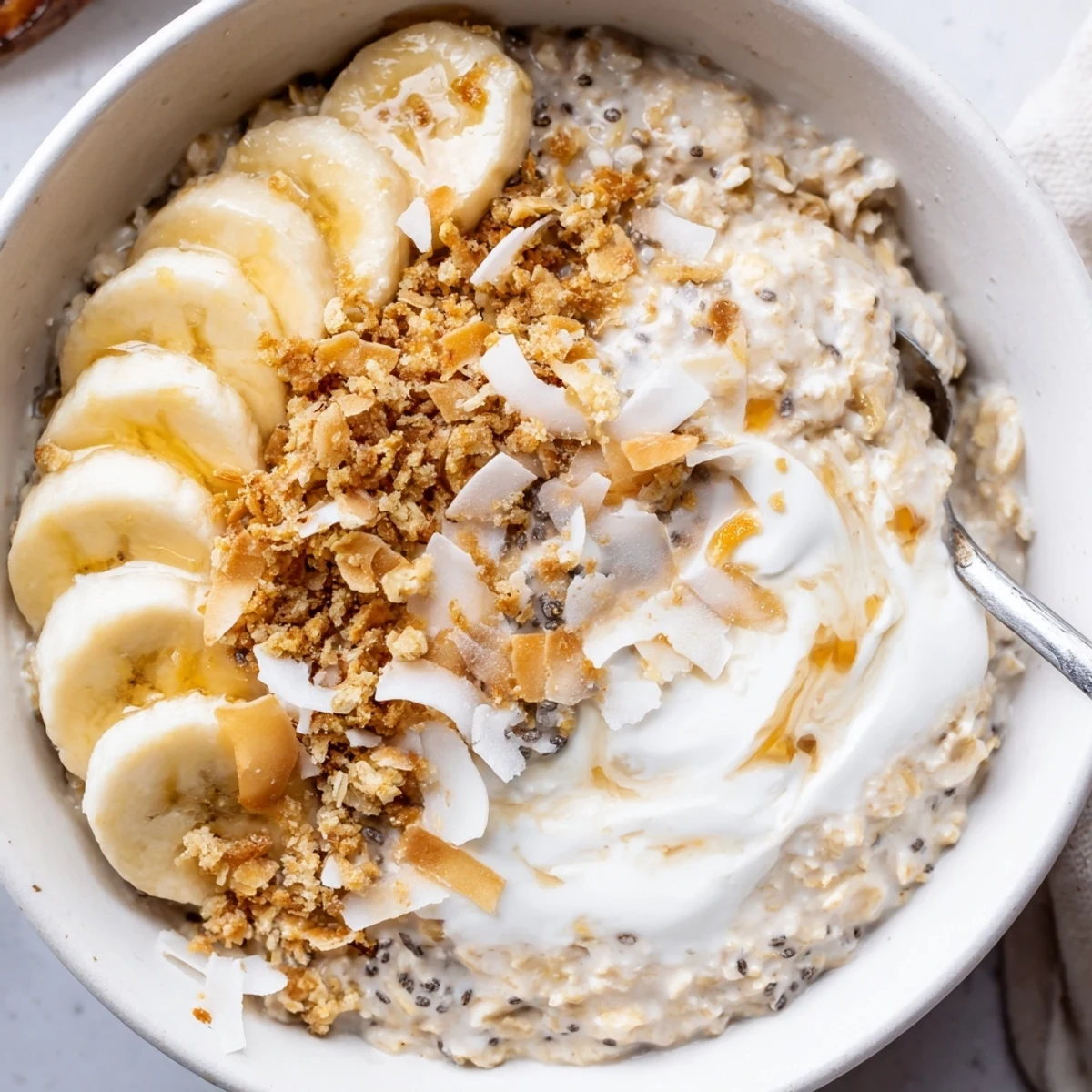 Jar of Coconut Cream Pie Overnight Oats ready-to-eat, tropical aroma, spoon included