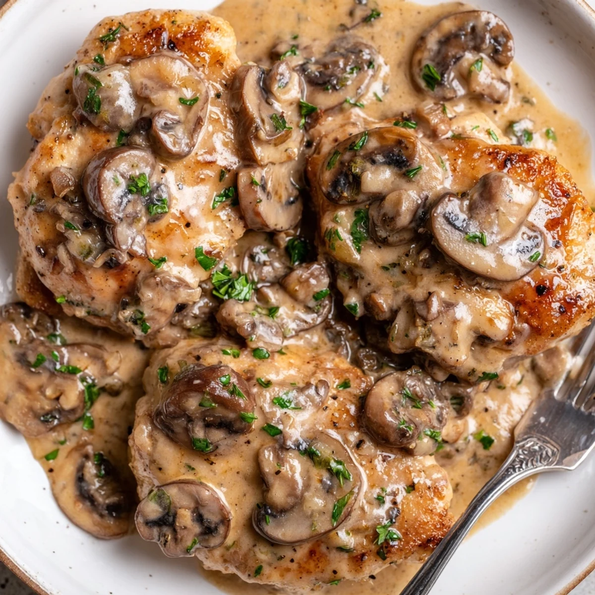 Skillet Chicken And Mushroom Sauce: golden-seared breasts in steaming, creamy mushroom gravy