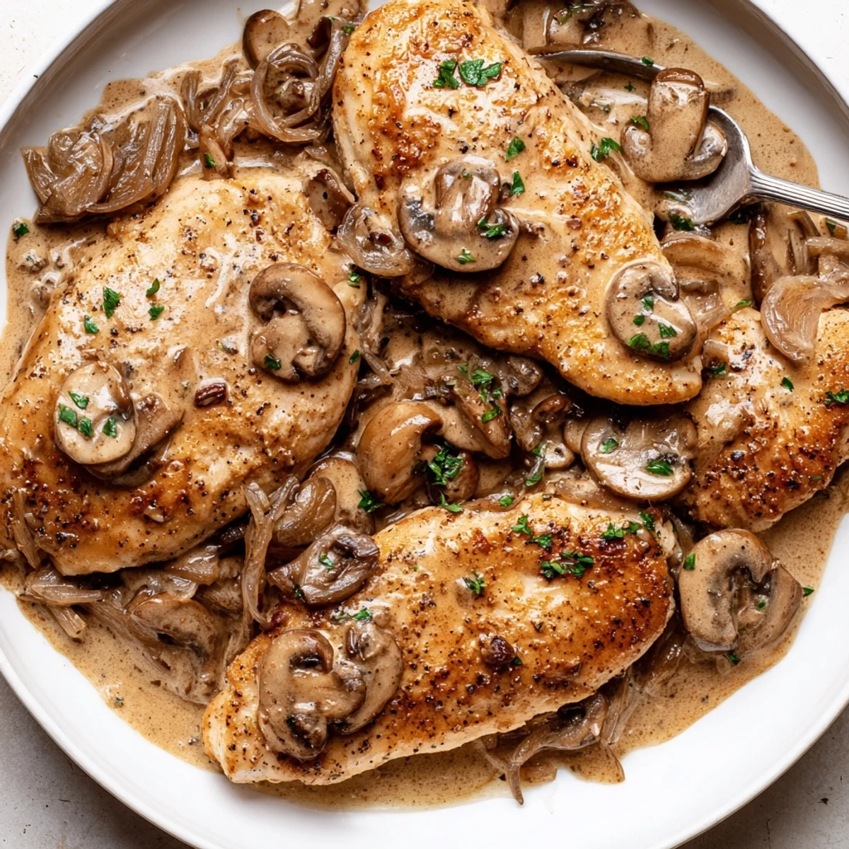 Serve Skillet Chicken And Mushroom Sauce over buttered mashed potatoes, parsley garnish
