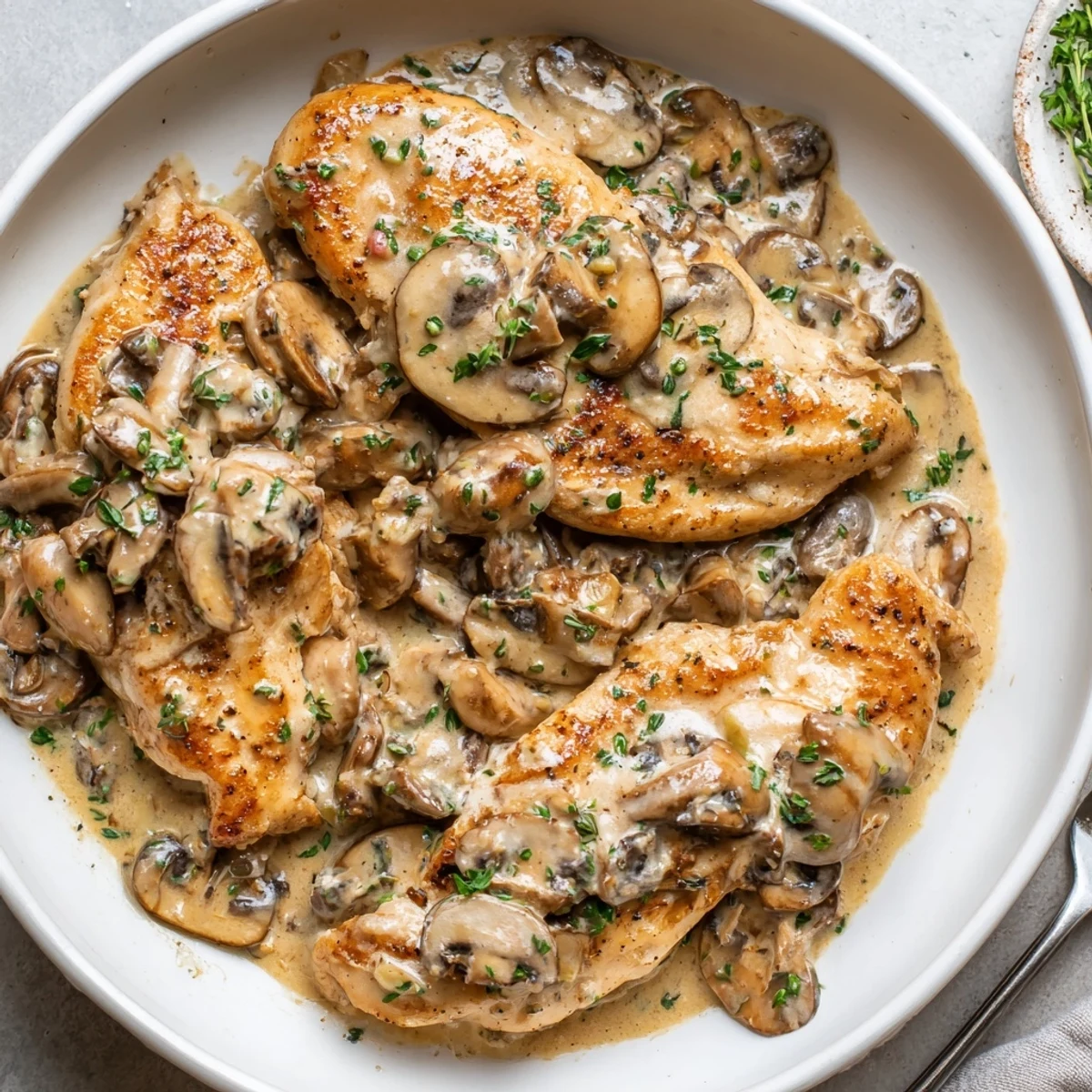 Skillet Chicken And Mushroom Sauce simmers in pan, garlic-scented cream coating chicken