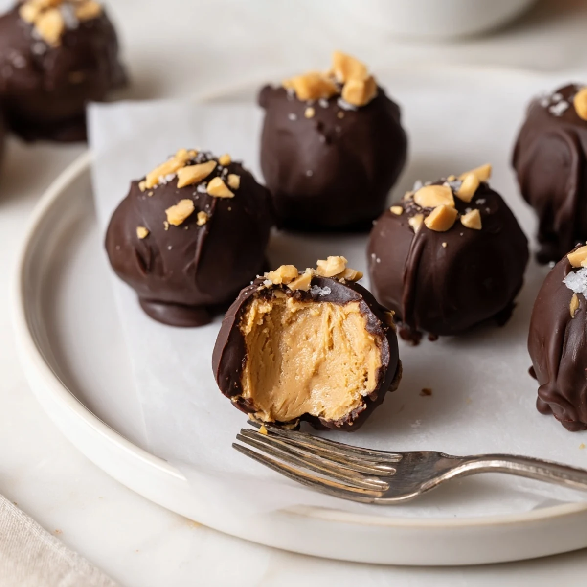 Plated Frozen Peanut Butter Greek Yogurt Bites Dipped In Dark Chocolate With Sea Salt