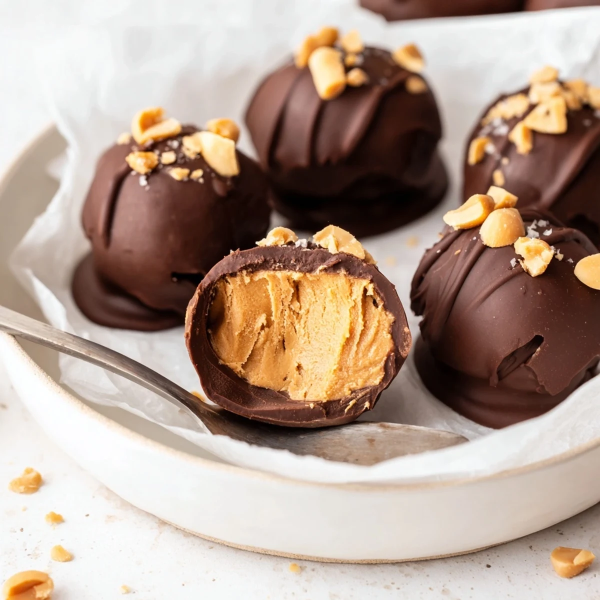 Frozen Peanut Butter Greek Yogurt Bites Dipped In Dark Chocolate With Sea Salt glistening
