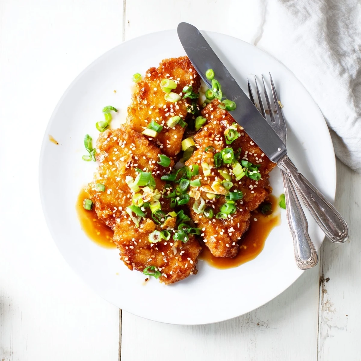 Close up of Double Crunch Honey Garlic Chicken pieces with glistening honey garlic sauce and chopped green onion garnish