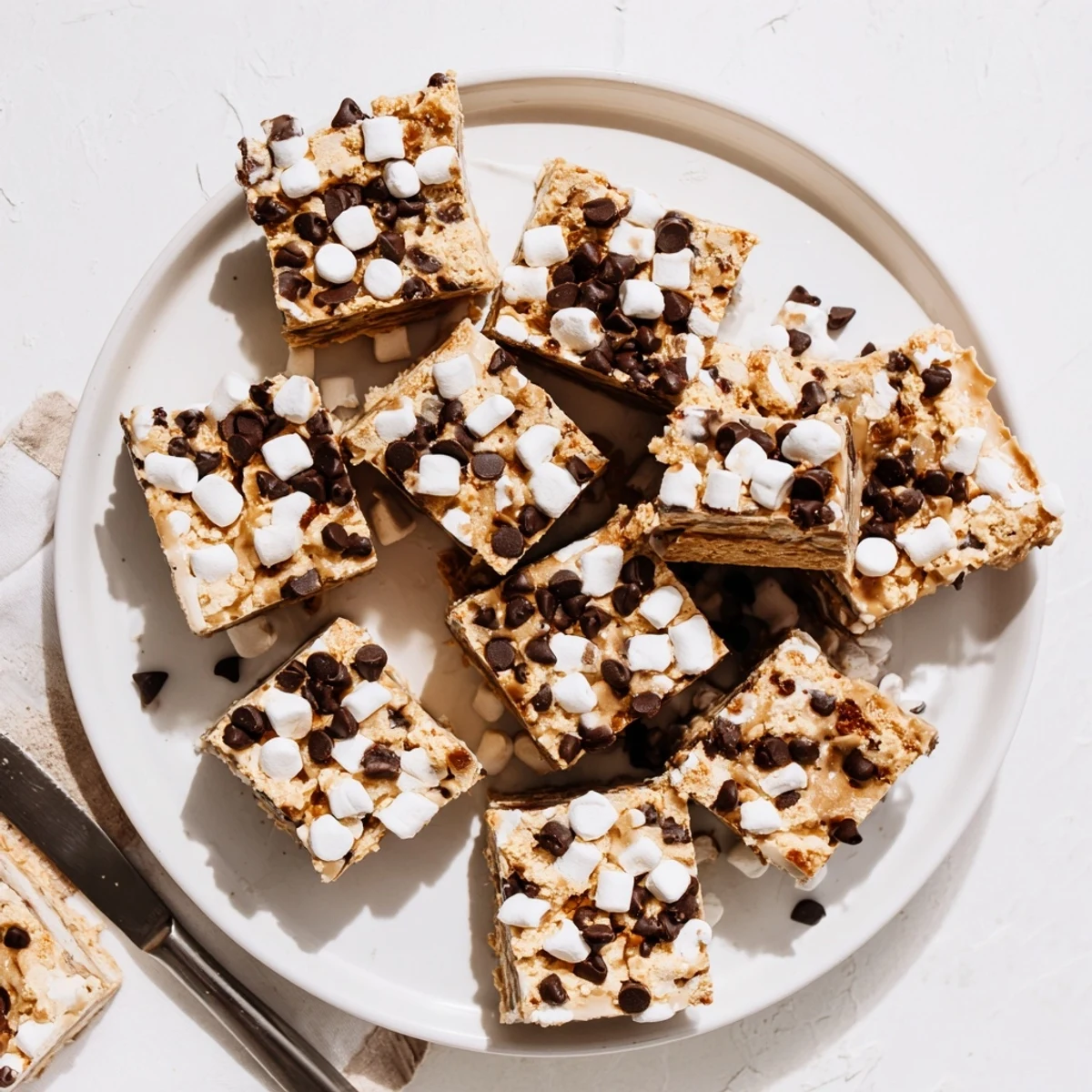 Chewy gluten free peanut butter marshmallow dessert bars drizzled with melted chocolate chips on a wooden cutting board