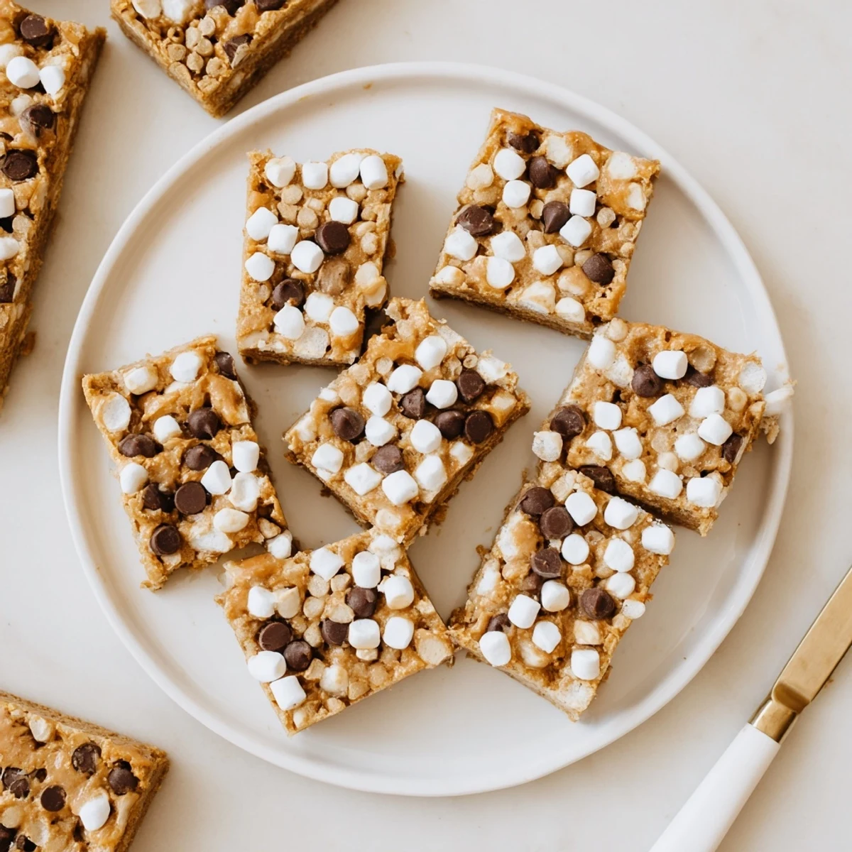 Creamy gluten free peanut butter marshmallow treats cut into neat squares featuring pillowy marshmallow pieces throughout
