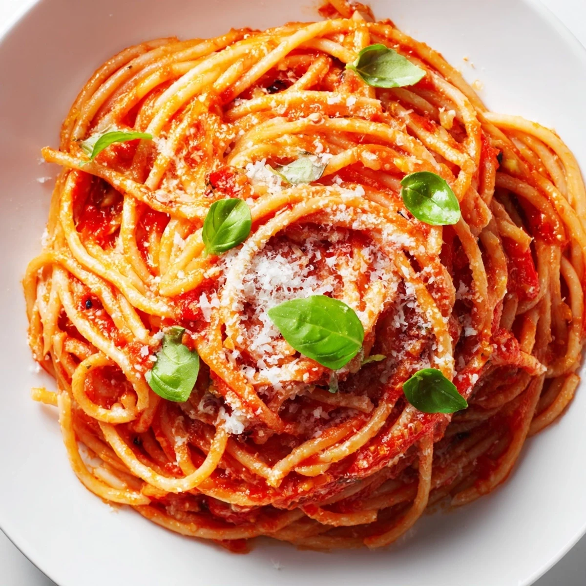 Golden pasta tossed in vibrant tomato basil sauce with fresh grated Parmesan