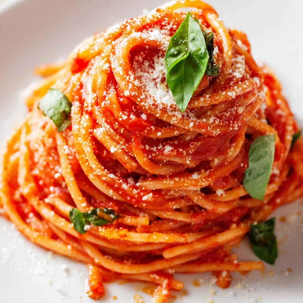 Steaming bowl of classic Italian pasta with aromatic basil and rich tomato sauce