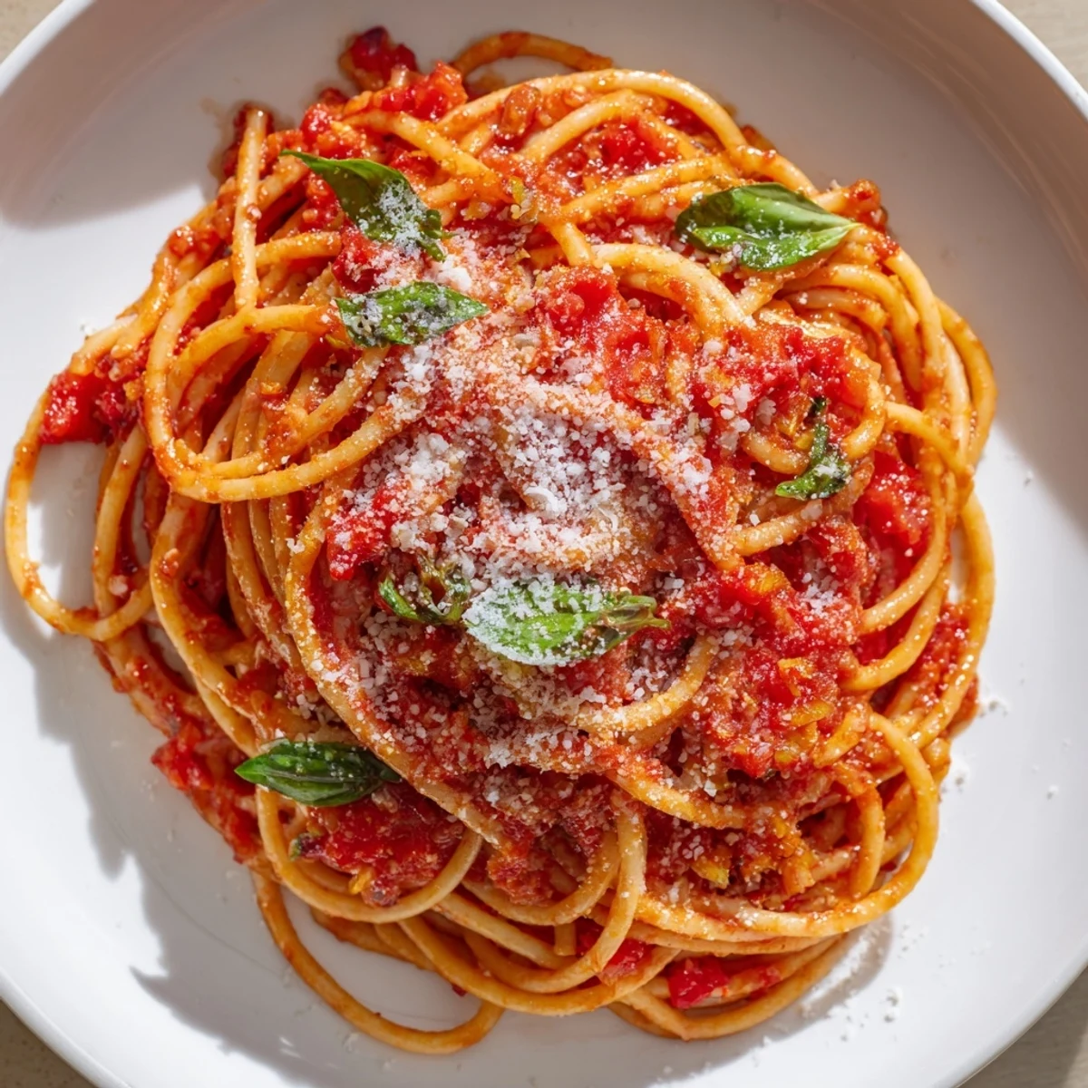 Plate of al dente pasta coated in red tomato sauce and green basil