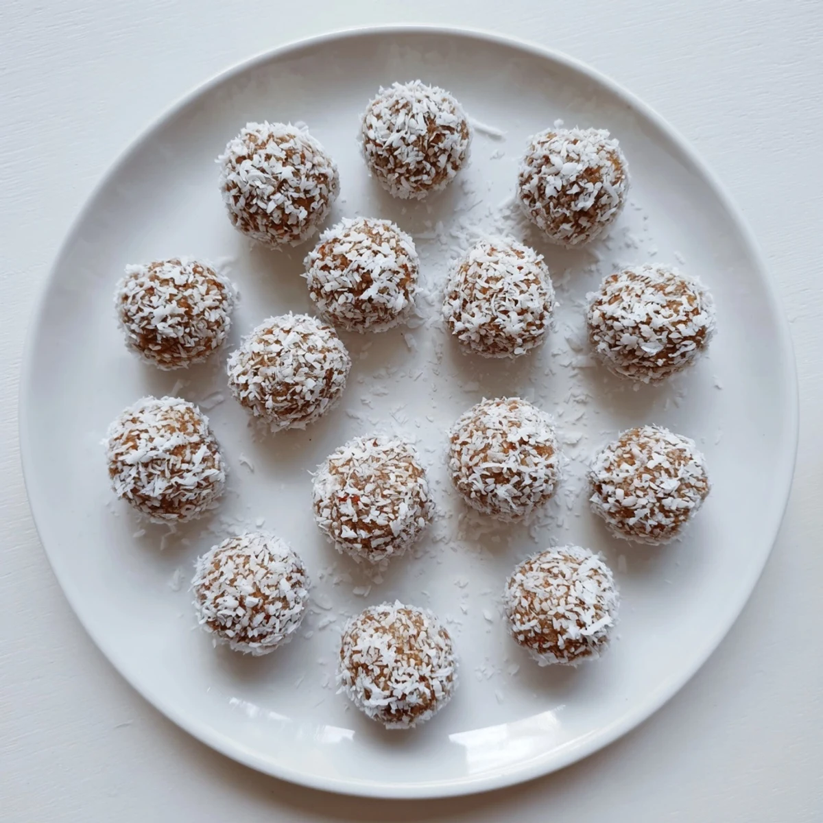 Fresh strawberry oat coconut balls rolled in coconut flakes on a white plate