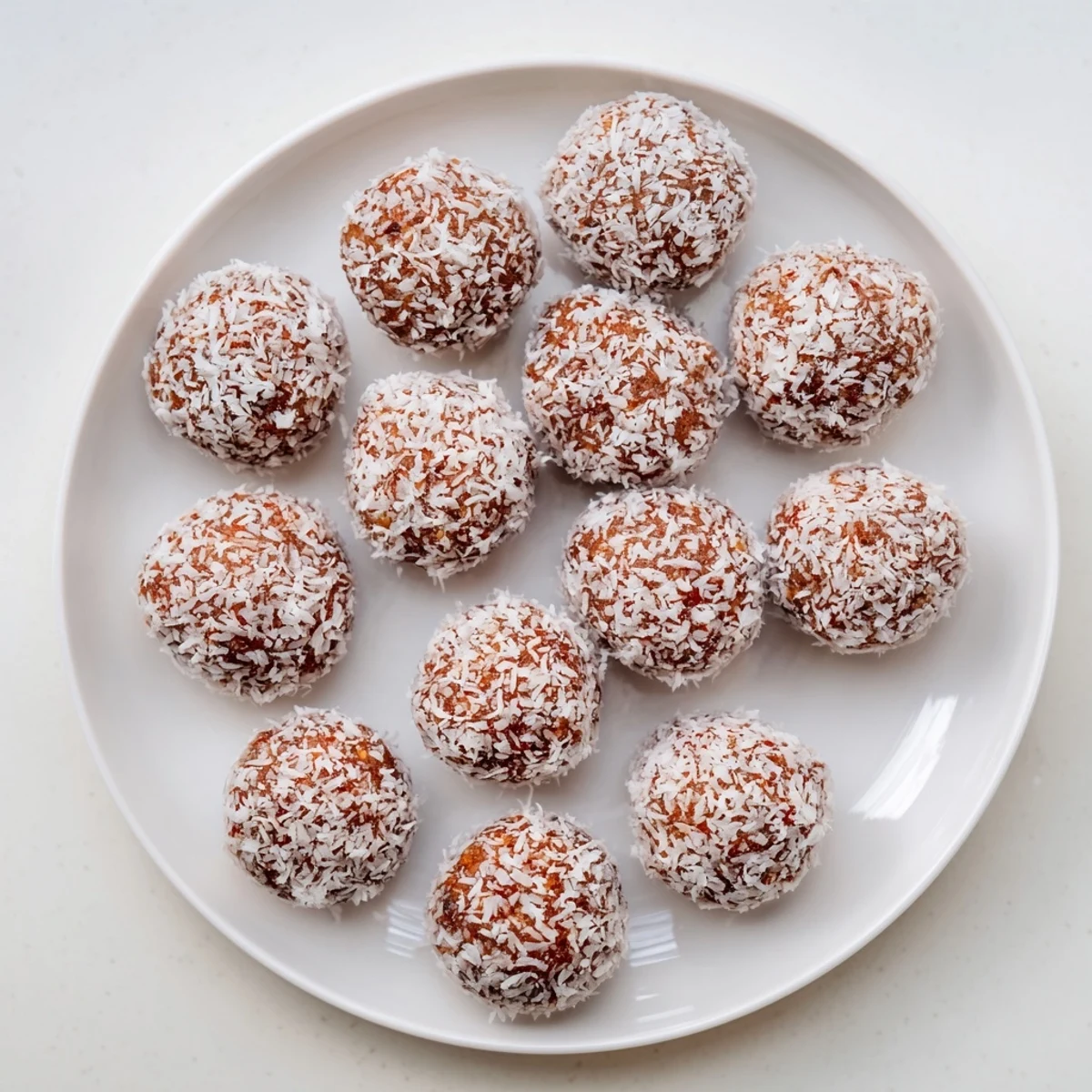 Bite-sized strawberry oat coconut balls coated in coconut on a marble serving tray