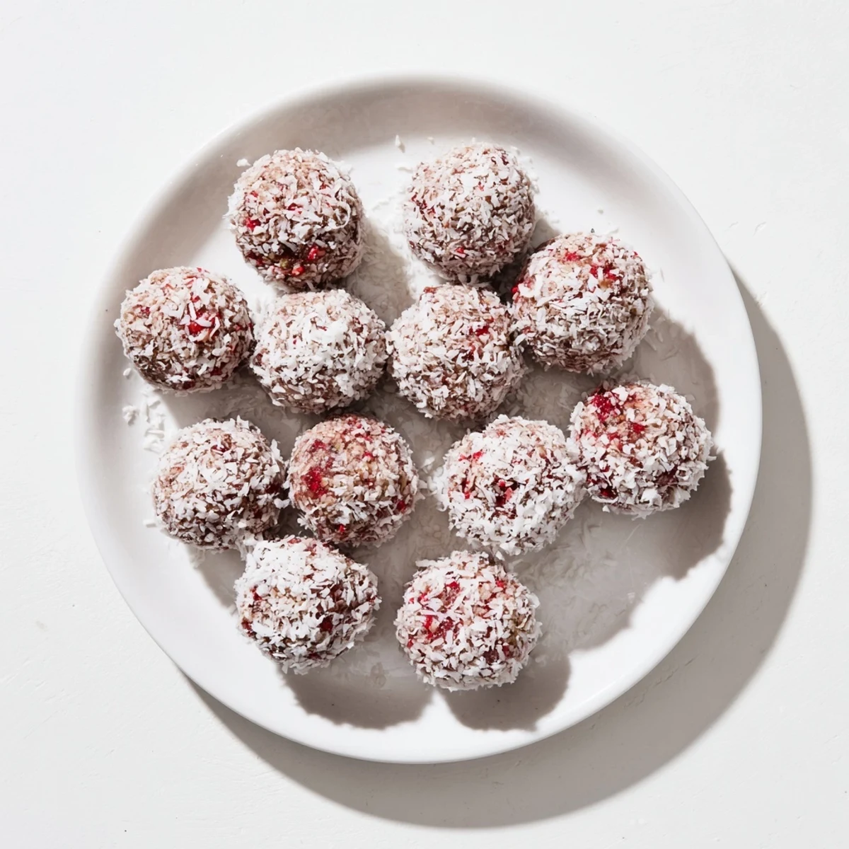 Homemade strawberry oat coconut balls arranged on a wooden board for healthy snacking
