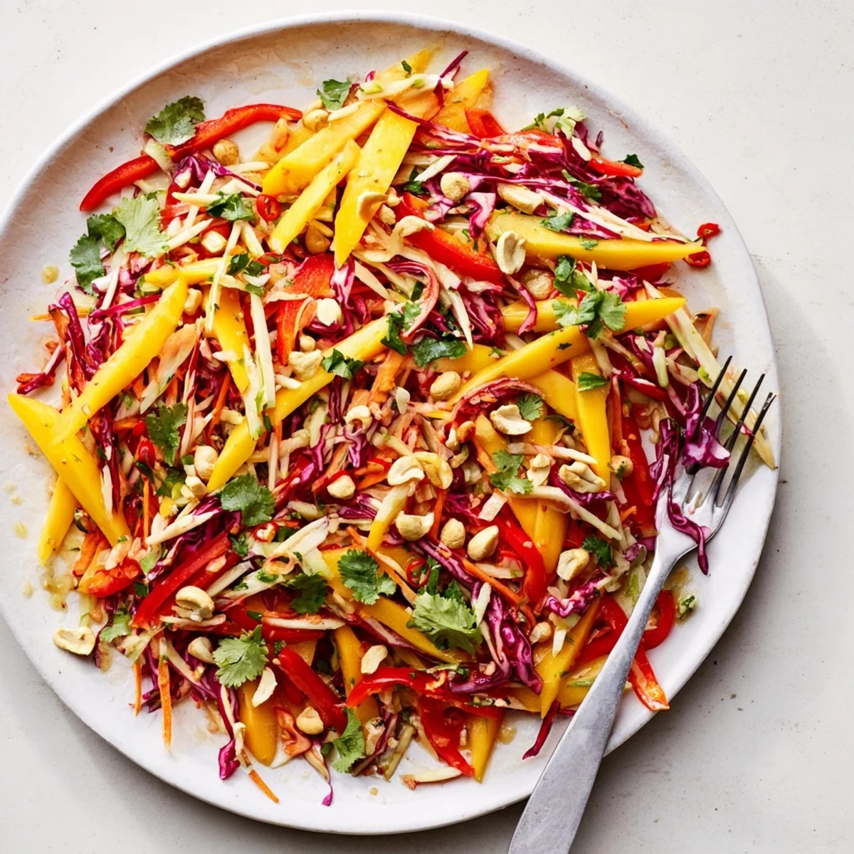 Fresh mango slaw tossed with zesty lime dressing and crisp julienned vegetables for summer