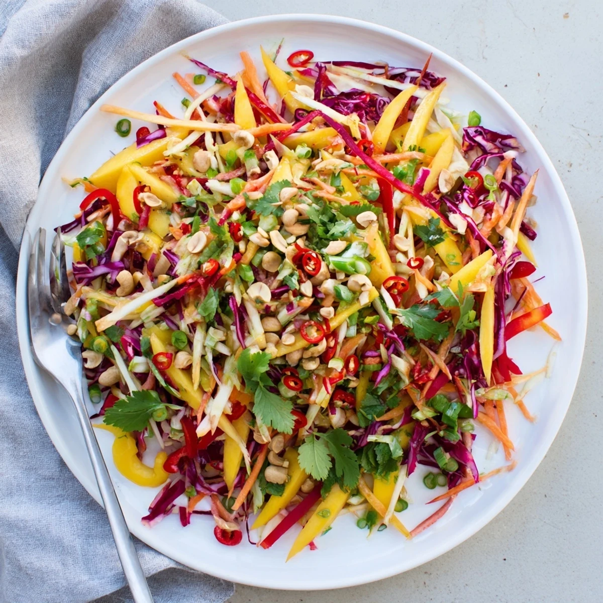 Tropical mango slaw with shredded cabbage, bell peppers, and honey lime vinaigrette topping