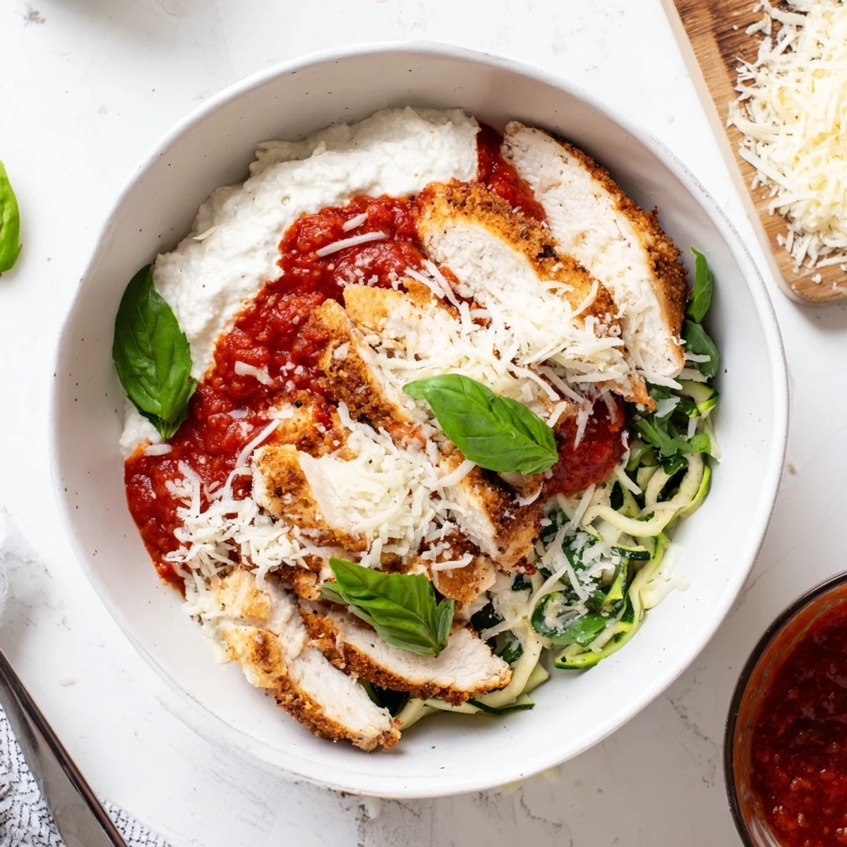 Savory chicken parmesan bowl with juicy breaded cutlets, cottage cheese base, and bubbling melted cheese topping