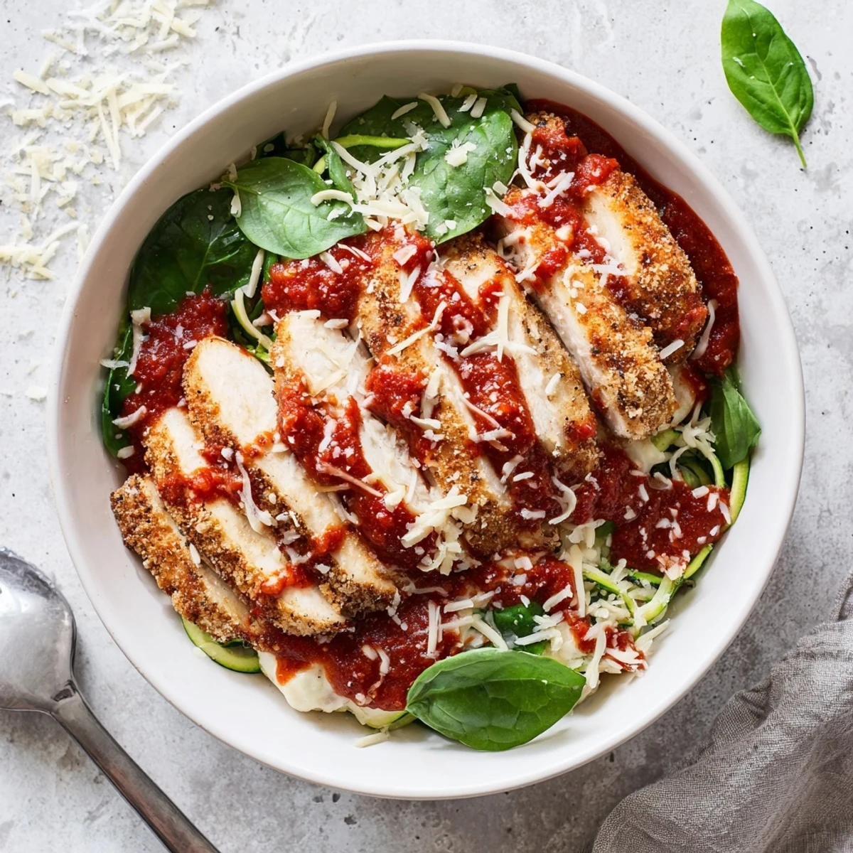 Golden chicken parmesan bowl layered with marinara, melted mozzarella, and creamy cottage cheese over rice