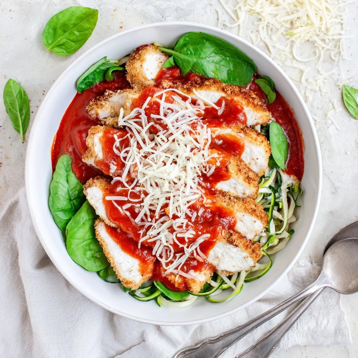 High protein cottage cheese chicken parmesan bowl featuring crispy baked chicken with fresh basil garnish