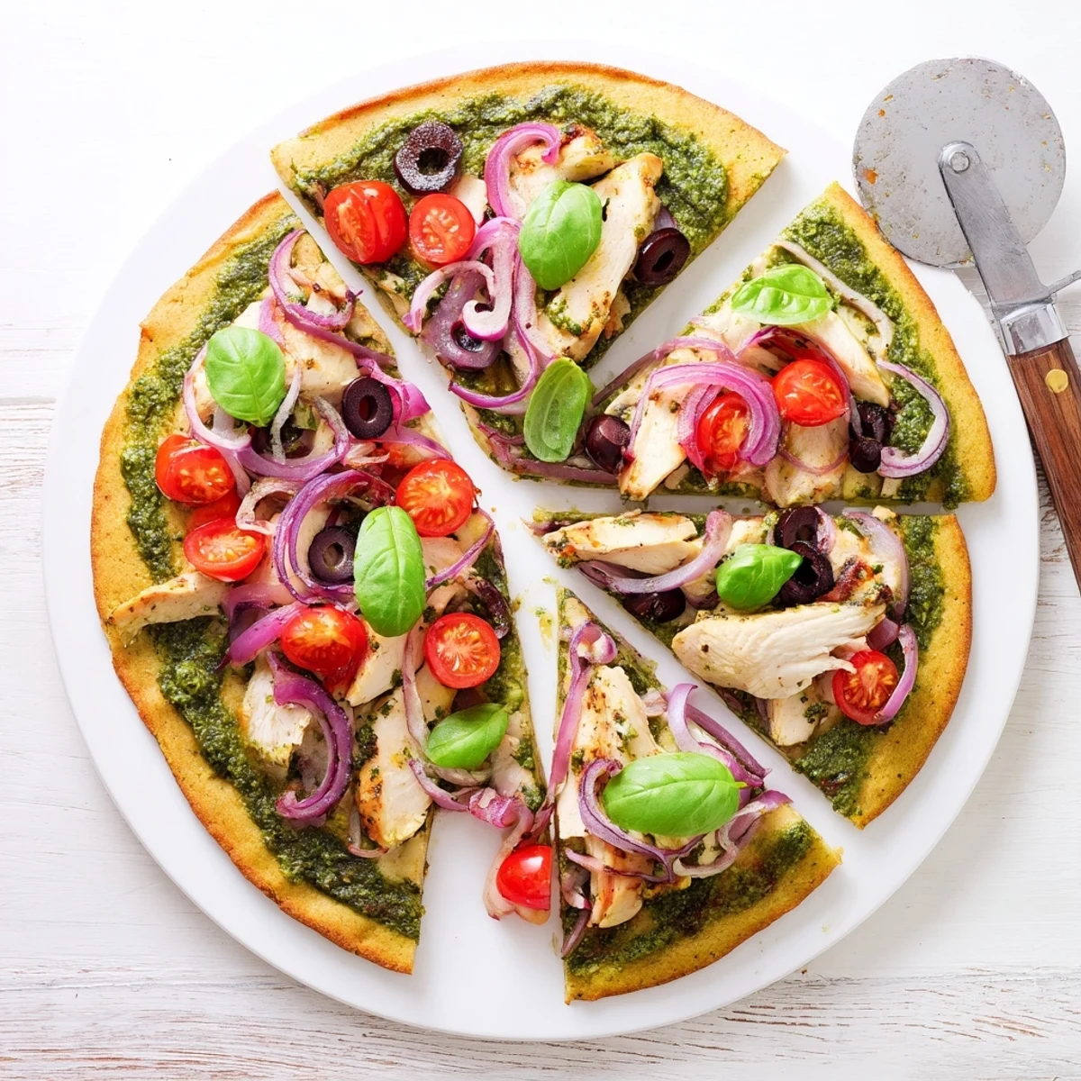 Golden chicken pesto paleo pizza featuring a crispy grain-free crust topped with fresh basil and sliced tomatoes