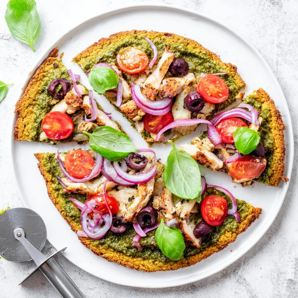 Sliced chicken pesto paleo pizza baked to perfection with cherry tomatoes, black olives, and fresh basil garnish
