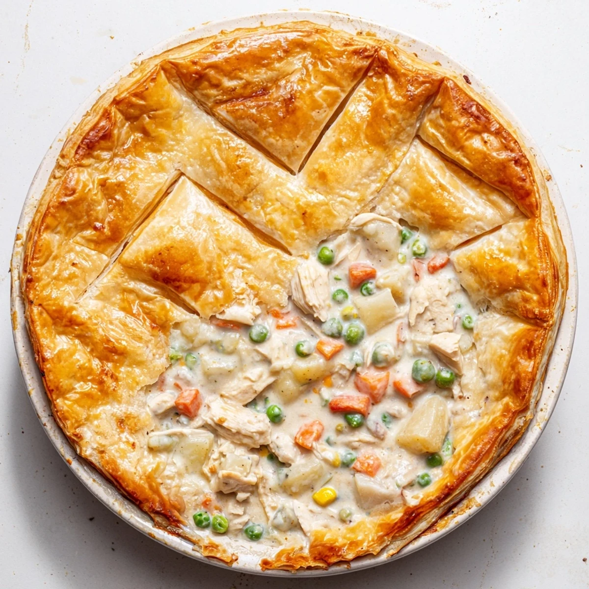 Homemade chicken pot pie fresh from the oven with steam rising through golden crust