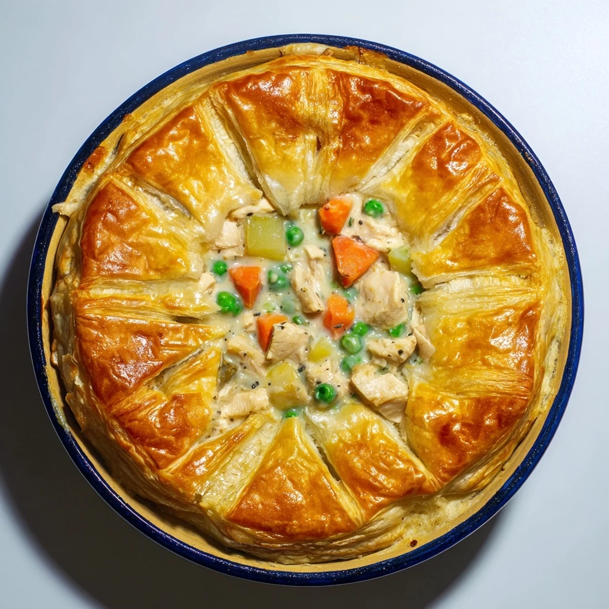 Golden chicken pot pie with flaky pastry crust bubbling with creamy vegetable filling